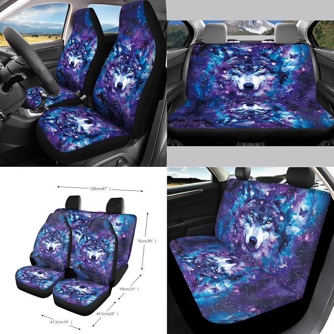 Wolf Galaxy Butterfly Print Full Set with Front Back Seats Steering Wheel Covers, Trash Can, Air Vent Bag, Auto Seat Belt Pads, Mirror Cushion, Cup Holder Coaster for Women Men