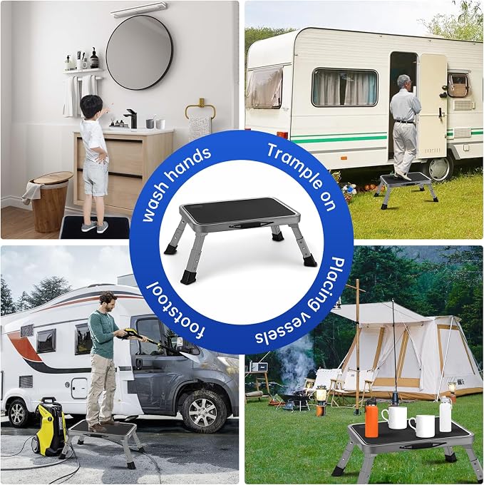 RV Step Stool Foldable 1-Step Ladder Sturdy Metal Stable Step Stool with a Non-Slip Platform Supports up to 500 lb with Non-Slip Rubber Feet, Easy to Carry (3-Level)