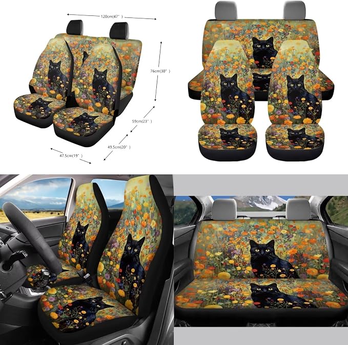 Cat Flower Print Auto Seat Covers Full Set, 10Pcs Car Accessories, Steering Wheel Cover, Air Vent Storage Box, Car Trash Bin, Cup Coasters, Keychain, Universal Fit for SUV Truck Van