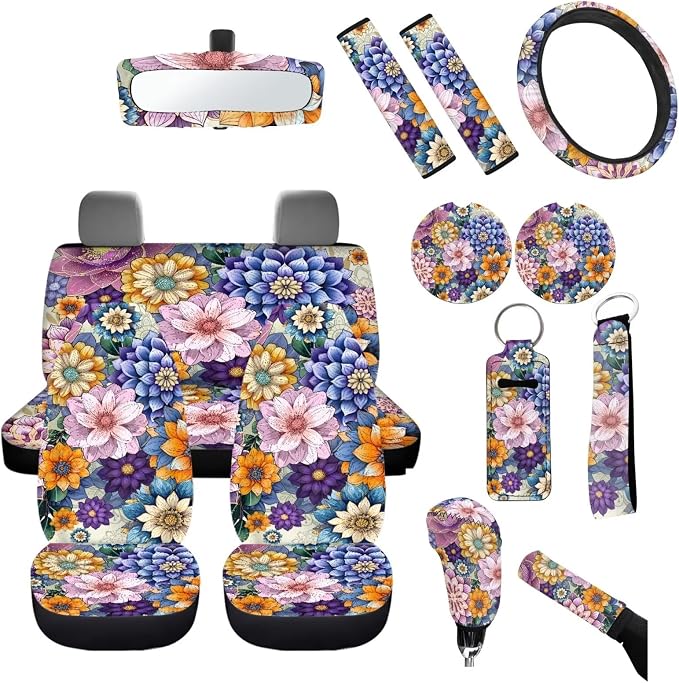 Hippie Car Seat Covers for Women Bright Blossom Flower Auto Seat Covers for front Back,Universal Fit Steering Wheel Cover Safety Seatbelt Keychain Coaster Mirror Cover,Automotive Interior Sets