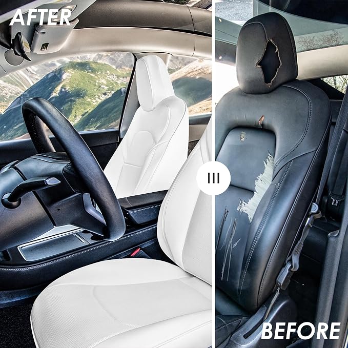 FH Group Custom Fit Car Seat Covers Specifically Made for 2020-2025 Tesla Model Y Faux Leather Water Resistant Automotive Seat Covers -Front Set Beige