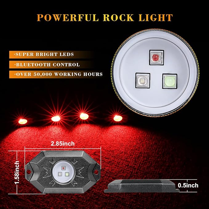 8 Pods RGB LED Rock Light Kits with Bluetooth Controller Waterproof Multicolor Neon LED Lights Underglow Trail Rig Lights for Trucks SUV ATV UTV Boat Motorcycle Off Road