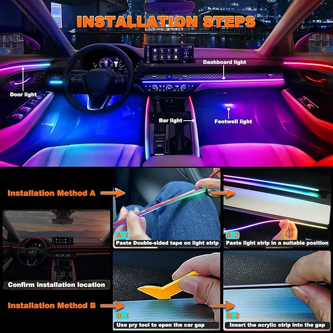 Jushope Interior Car LED Strip Lights, Acrylic LED Lights for Car with Dynamic Dreamcolor Chasing, Ambient Lighting Kits Music Sync Wireless APP and RF Remote Control (6 in 1)