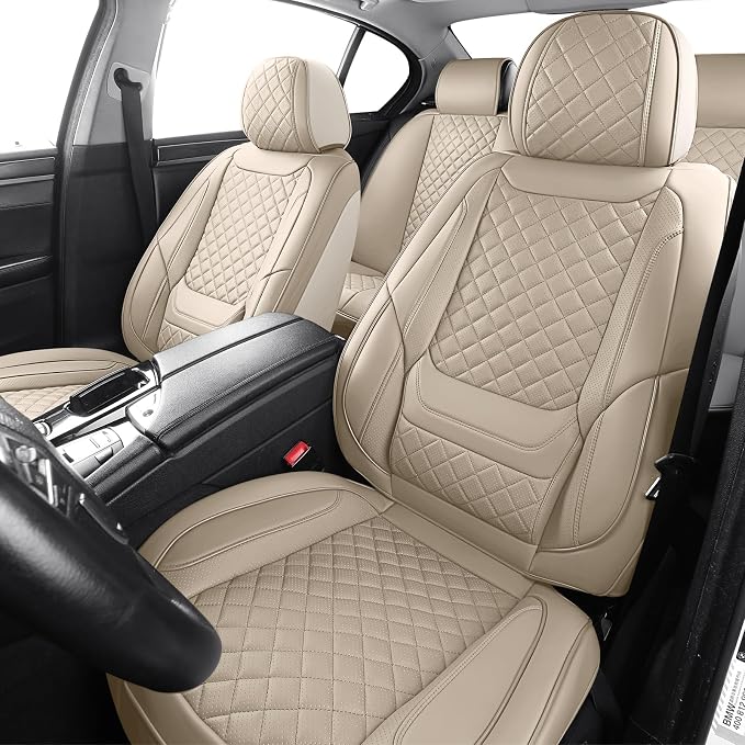 Beige Leather Car Seat Covers Full Set Breathable Seat Protectors Waterproof Automotive Seat Covers Universal Fit for Most Cars SUVs Trucks Vehicles