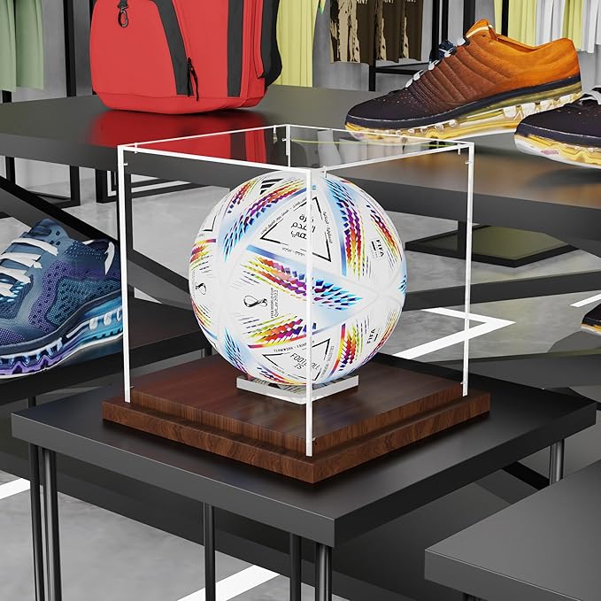 VGMiu Soccer Ball Display Case with Wood Base, Clear Acrylic Display Case Soccer Box with Removable Built-in Ball Holder for Autographed Balls, Sports Collectibles, Memorabilia Displays