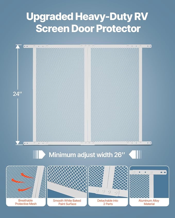 VEVOR RV Screen Door Protector, 24 x 26 inch Door Grille, Easy to Install and Disassemble, Reinforced Breathable Protective Mesh, Aluminum Alloy Camper RV Entry Protector for Pet Protection, White