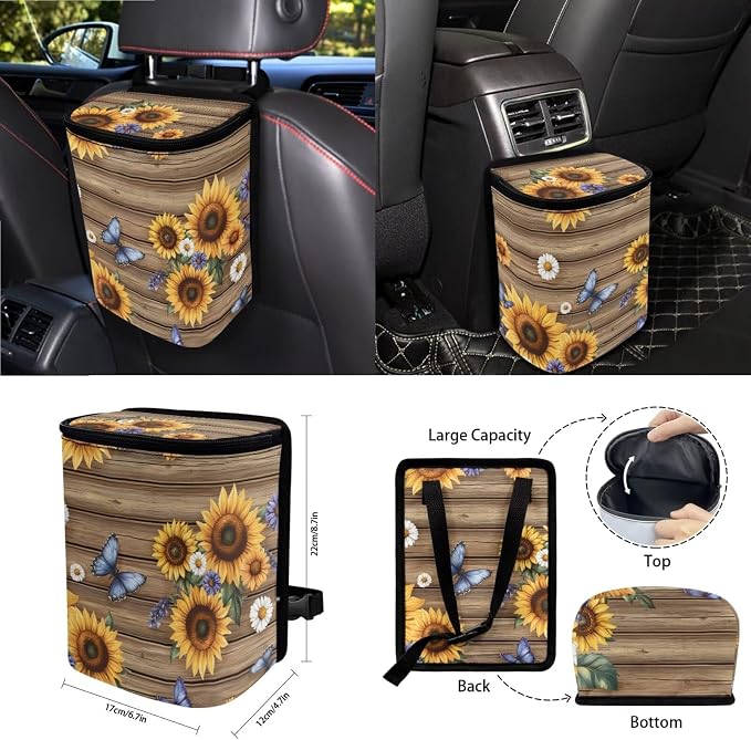 Wood Sunflower Daisy Butterfly Print Full Set Seat Covers, Auto Streering Wheel Cover, Trash Bin, Seat Belt Cover, Keychain, Air Vent Bag, Coasters, Set of 15