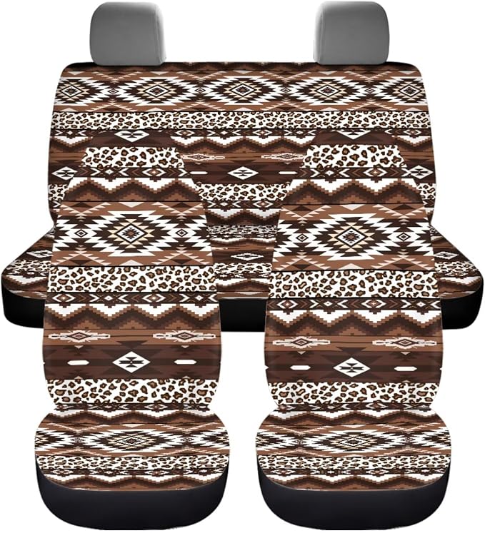 Dreaweet Aztec Leopard Print Car Seat Covers Full Set 12 Pcs - Brown Front and Back Seat Covers with Steering Wheel Cover with Center Console Cover,Coasters,Seatbelt Covers,Gear Shift Handbrake Cover