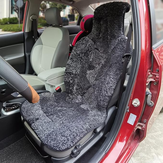 Champlus Genuine Australian Sheepskin Seat Cover, Wool Cushion for Sedan Cars SUVs Trucks and Minivans, Quick Install, Black