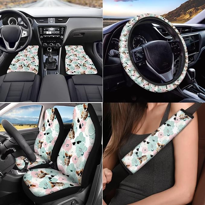 Cute Dog Flower 17 Pcs Car Accessories Seat Covers Full Set Steering Wheel Cover Floor Mats Center Console Pad Cup Holders Seat Belt Pads for Women Men Car Interior Decor
