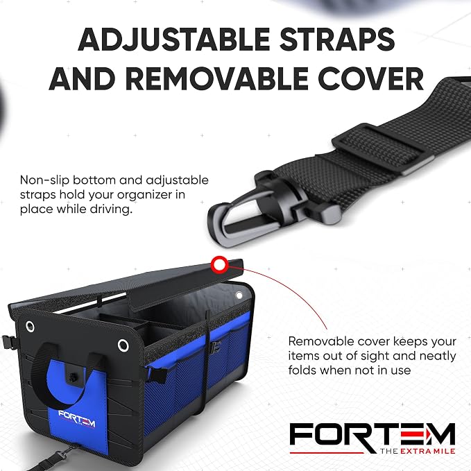 FORTEM Car Trunk Organizer (2 Compartment, Blue) + Large Windshield Sun Shade