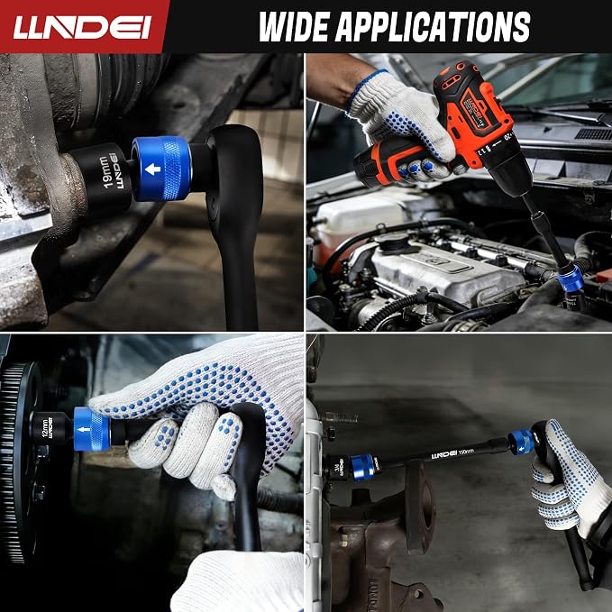 LLNDEI 29Pcs Swivel Socket Set, Quick Release Design, CR-MO 3/8 Swivel Sockets Metric(8-22mm)&Sae(5/16"-3/4"), Wobble Socket Set with Ratchet Wrench, Extension Bar and Adapters.