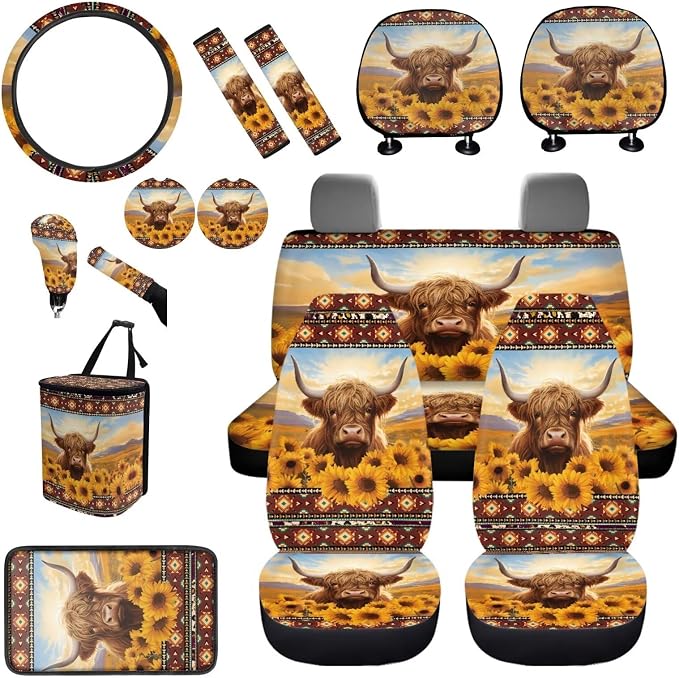 BIGCARJOB Highland Cow Print Seat Covers Full Set - Front & Rear, Sunflower Car Seat Protector Set, Funny Cow Print Headrest Covers, Trash Can