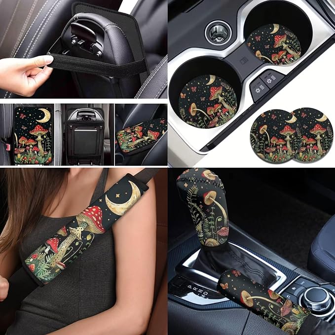 BIGCARJOB Mushroom Car Seat Covers Full Set 12 Pcs Womens Interior Accessories Mushroom Print Steering Wheel Covers,Armrest Seat Box Cover Cushion,Cup Mats,Universal Fit