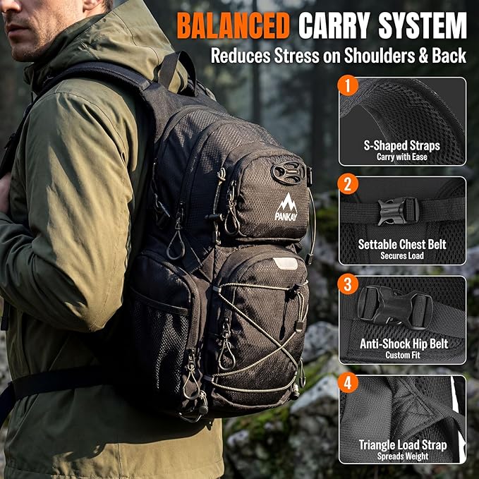 Pankay 25L Hydration Backpack Hiking, Hiking Backpack with Water Bladder, Detachable Phone Pouch & Helmet Holder, Lightweight Water Backpack for Men Women Hiking Biking Running Camping Travel