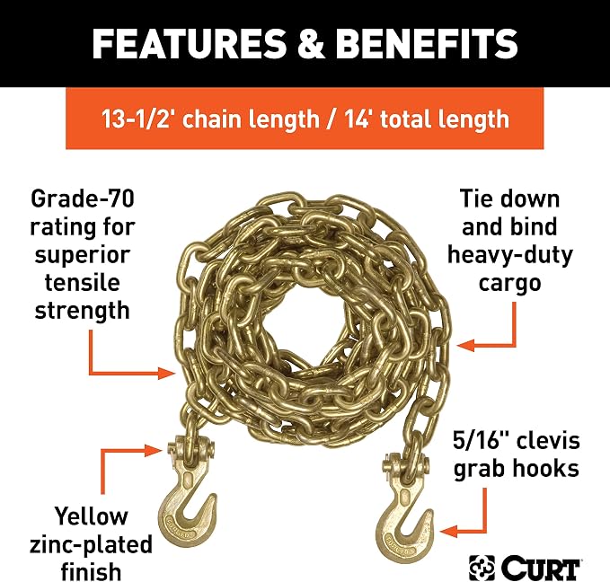 CURT 80305 14-Foot Trailer Safety Transport Tie-Down Load Binder Chain, 5/16-Inch Clevis Hooks, 18,800 lbs. Break Strength