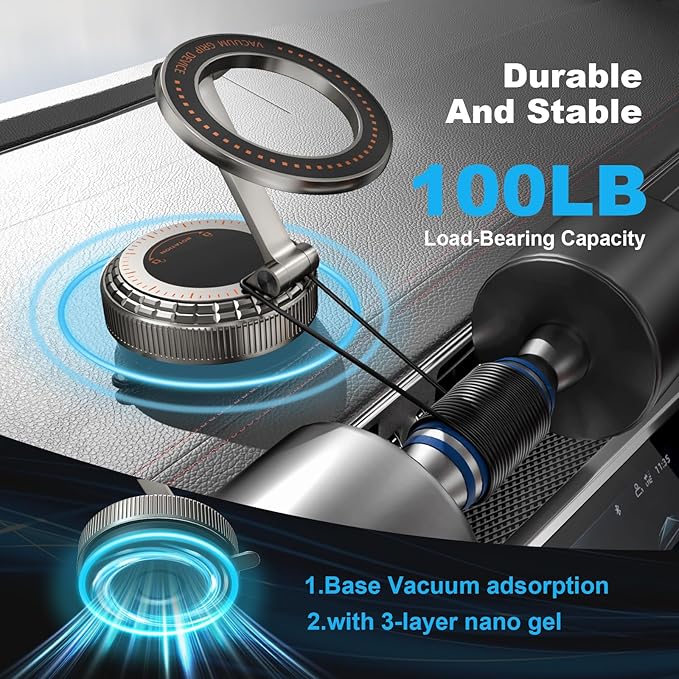 Metal Magnetic Car Phone Holder, 360° Adjustable Magsafe Car Phone Mount, Vacuum Suction Cup Phone Holders for Your Car for iPhone 17-12 Pro Max Air Plus & Android (Dark Gray)