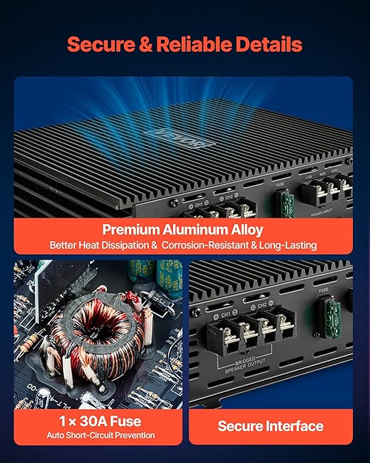 VEVOR 2 Channel Car Audio Amplifier 2 Ohm Stable Bridgeable Class A/B Full Range Stereo Amp Max Power 2 x 300W @ 4 Ohm / 2 x 600W @ 2 Ohm for Car SUV Truck Off-Road