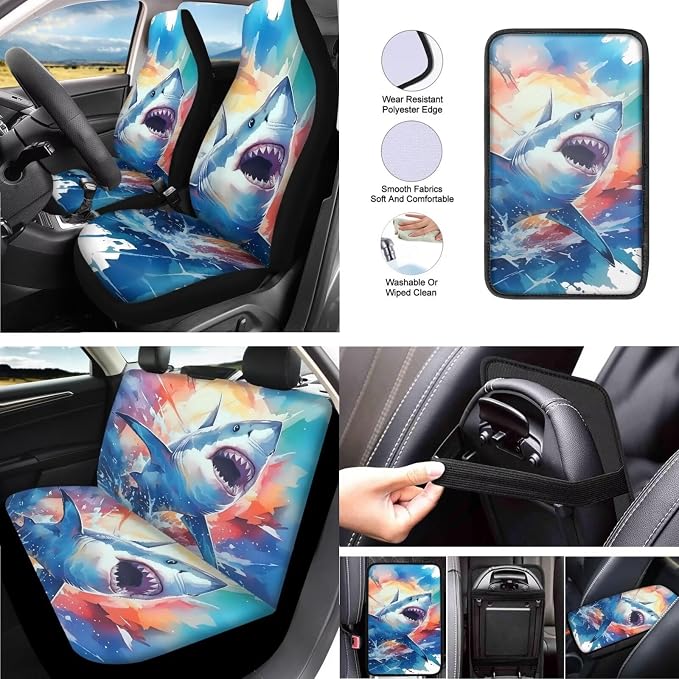 Cartoon Shark Print 13 Piece Car Seat Cover Set for Women Ocean Animal Sharks Pattern Full Set Car Seat Protectors Coaster Pads Decor Accessory