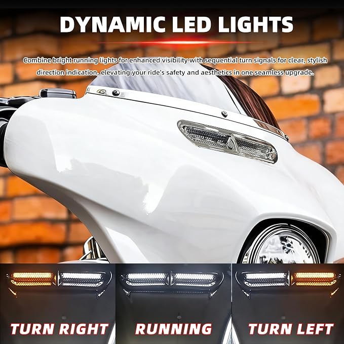 FATECIM Dynamic LED Motorcycle Batwing Fairing Vent Insert Lights for Harley Touring Street Glide Ultra Limited Electra Glide FLHX FLHTK 2014-2023 (Chrome with White Running Light & Amber Turn Signal)