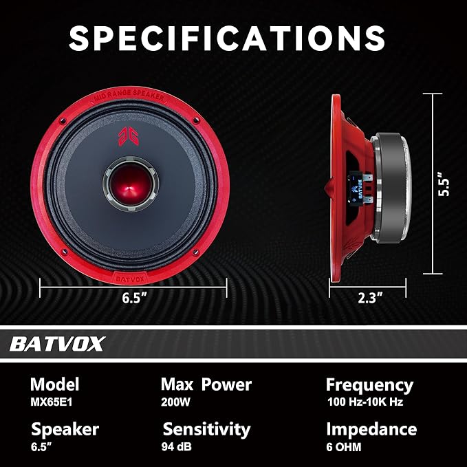 MX65E1 Midrange Loudspeaker 6.5" Red Bullet, 400W Max, 6 Ohms, Premium Quality Audio Door Speakers for Car or Truck Stereo Sound System, Red (2 Speaker)