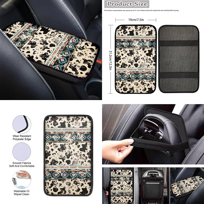 Howilath Western Aztec Cow Spot Car Front Seat Covers Set Auto Accessories with Center Console Cover+Steering Wheel Cover+Seatbelt Pads+Keychain+Coasters - 10 Packs