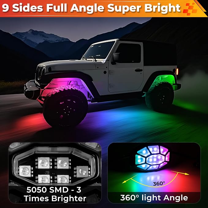 12 Pods 9 Side 216 LEDs Rock Lights, App/2 Remote Control RGB Underglow Lights Compatible with 12V Trucks Jeep UTV ATV Golf Cart,Brake Signal,Waterproof,Music Mode,Plug and Play,Multi-Color(Patented)