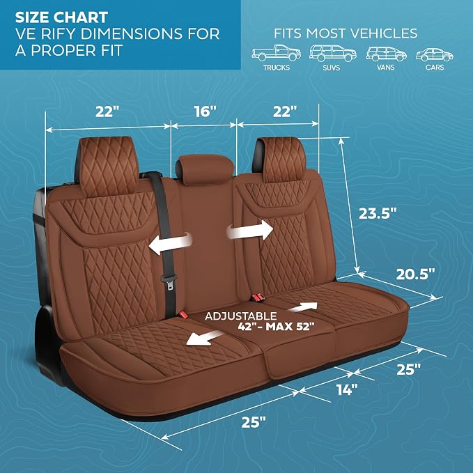 MotorBox Creekstone Series – PU Leather Car Seat Covers Full Set, Cross-Stitch Edition Leather Seat Covers, Diamond Stitched PU Leatherette Brown Seat Covers for Cars Trucks SUVs