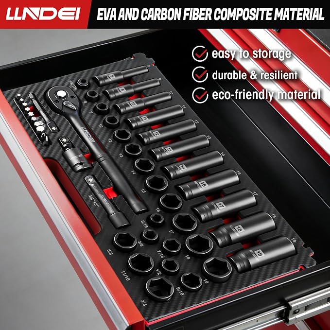 LLNDEI 45PCS 3/8 Inch Drive Impact Socket Set (Metric&Sae) with Transparent Case and EVA Foam Insert, Cr-V Material, for Automotive Engine and Daily Home Repair