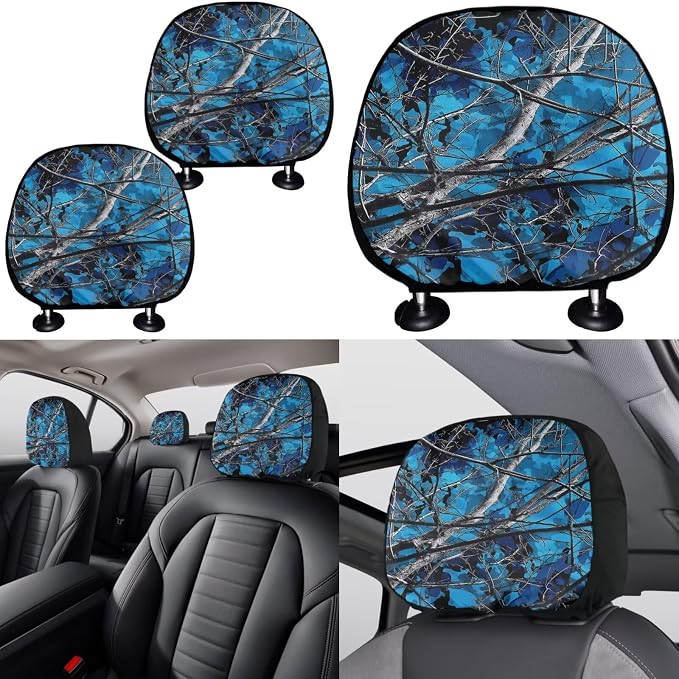 KEIAHUAN Blue Camo Hunting Car Seat Covers Full Set with Gear Shift Knob and Handbrake Cover Steering Wheel Cover Head Rest Covering Cup Coaster Fits Most Vans Trucks SUV Sedan
