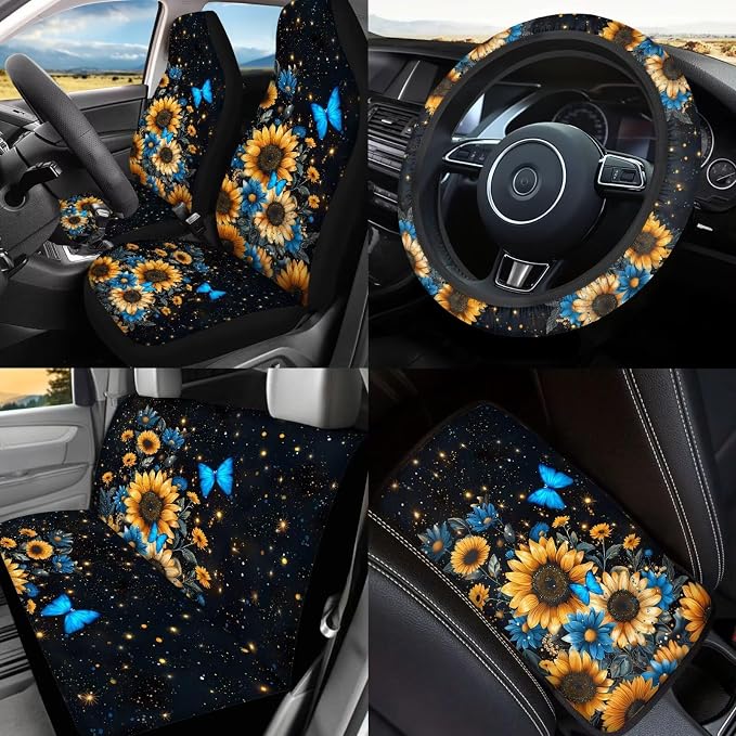 17 Pieces Butterfly Car Seat Covers Full Sets with Sunflower Universal Car Aaccessories,Butterflies Car Interior Set with Vehicle Trash Bag,Steering Wherl Cover,Seat Belt Shoulder Pad