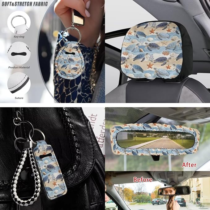 Sea Turtle Print Car Seat Cover Sets Full Set Starfish Shell Print Front and Rear Car Seat Covers Steering Wheel Cover Safety Belt Pads Headrest Protectors Center Console Pad Keychain