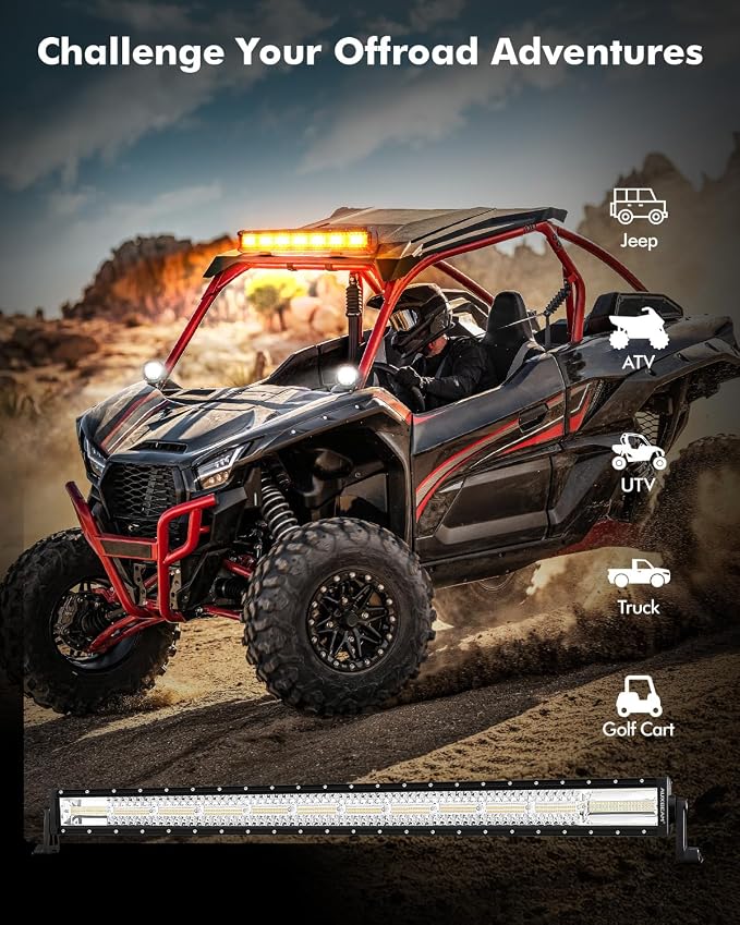 Auxbeam 6 Modes Amber White Series 50 Inch Curved LED Light Bar | 2-color option, 288W high power, Multi-funtion, Spot flood combo, Driving fog light, offroad strobe light, for Jeep trucks