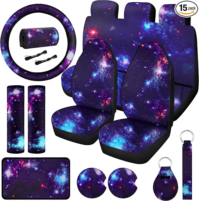 Frienda 15 Pieces Galaxy Car Seat Cover Steering Wheel Cover Universal Star Space Galaxy Car Accessories Separate Headrest Seat Belt Pads fit for Auto Truck Van SUV