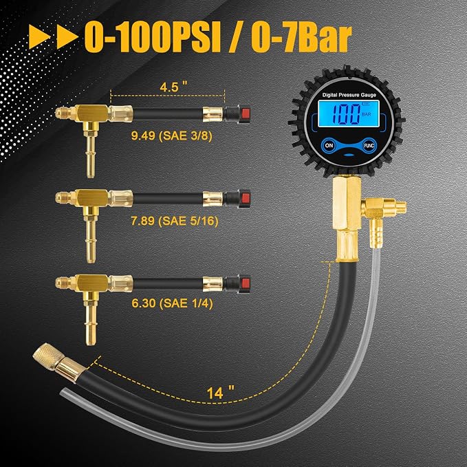 BETOOLL Digital Fuel Pressure Tester Kit - Fuel Pressure Gauge 0-300 PSI with 9.49,7.89,6.30 Fuel Line Fittings Automotive Test Tool Kit