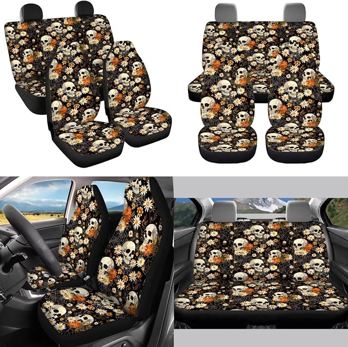 Skull Spider Web 13 Pcs Car Seat Covers with Steering Wheel Cover,Seat Belt Covers Cup Holder with Keychain Automotive Protector Set Unverisal Fit Cars SUV