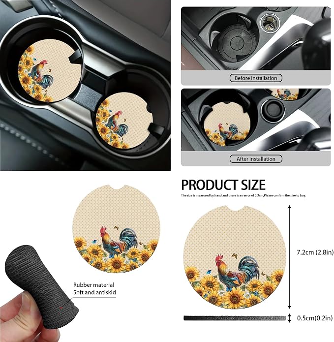 Chicken Butterfly Sunflower Dot Print 15 Pack Car Seat Covers Set Steering Wheel Cover Seat Belt Strap Pad Garbage Cans Air Vent Storage Holder Rearview Mirror Cover Coaster Keychain