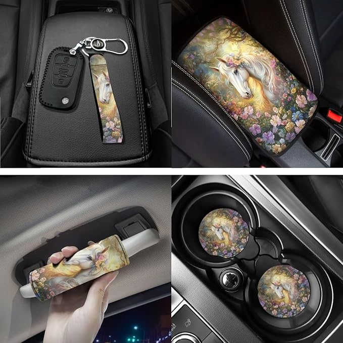 White Horse Print Car Seat Covers Full Set Auto Floor Mats Car Steering Wheel Cover Shoulder Pads Armrest Pad Roof Gloves Cup Coaster Keychain Auto Interior Accessories Set of 18