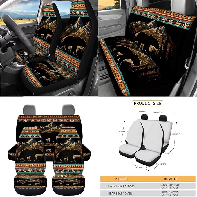 Dreaweet Mountain Bear Aztec Seat Covers for Cars Full Set 15 Pcs Universal Tribal Steering Wheel Cover Seat Belt Pads Car Coasters Trash Bag Air Vent Storage Pouch Rear View Mirror Cover Keychain