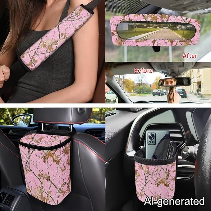 Dreaweet Pink Car Seat Covers Full Set Branch Camo Steering Wheel Cover Seat Belt Pads Trash Bag Air Vent Storage Pouch Rear rview Mirror Cover Coaster Keychain,15 Pcs,Universal Fit