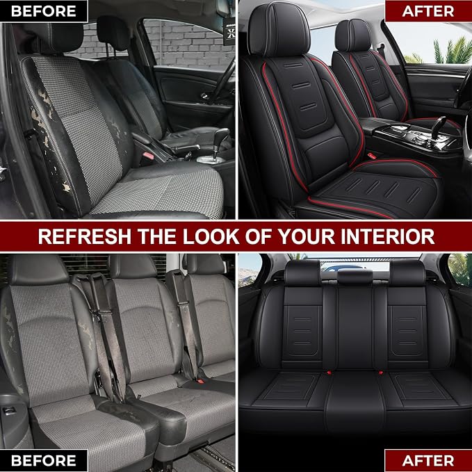 otoez Nappa Leather Car Seat Covers Full Set, Breathable Leather Automotive Seat Covers Front & Rear Seat Protectors with Lumbar Support, Universal Fit for Most 5 Seats Cars SUV Truck Sedan (Black)