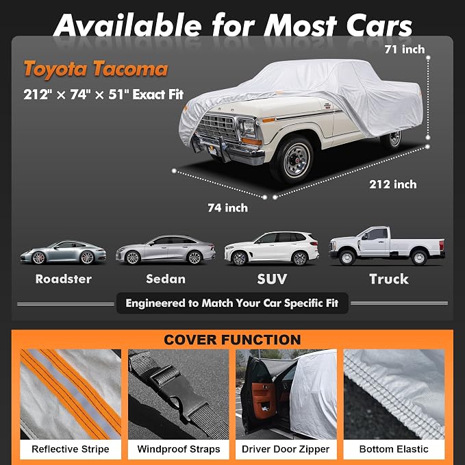 Car Cover Waterproof All-Weather,Heavy-Duty Outdoor Full Exterior Automobiles Truck(Length 211-220 inch) with Windshield Sun Shade Universal Fit Ford Ranger, Chevy Colorado, GMC Canyon etc