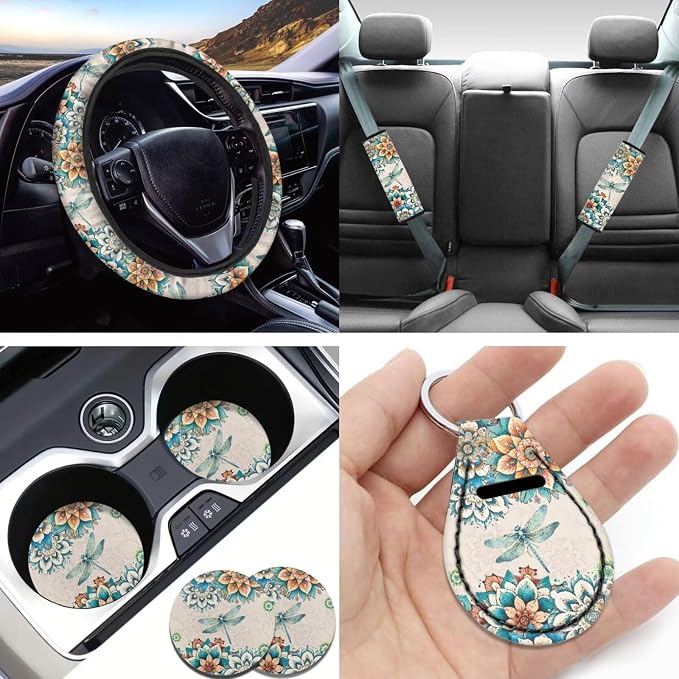 Bohemian Flower Dragonfly Car Seat Covers for Women Men，11pcs Dragonfly Auto Seat Covers for Front Back+ Steering Wheel Cover+Keychain+Cup Coaster+Lipstick Holder Keychain for Most Cars