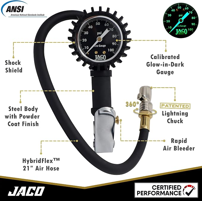 JACO Superior Products FlowPro Tire Inflator Gauge (100 PSI) with Dually Lightning T-Series Air Chuck (Bundle Kit)