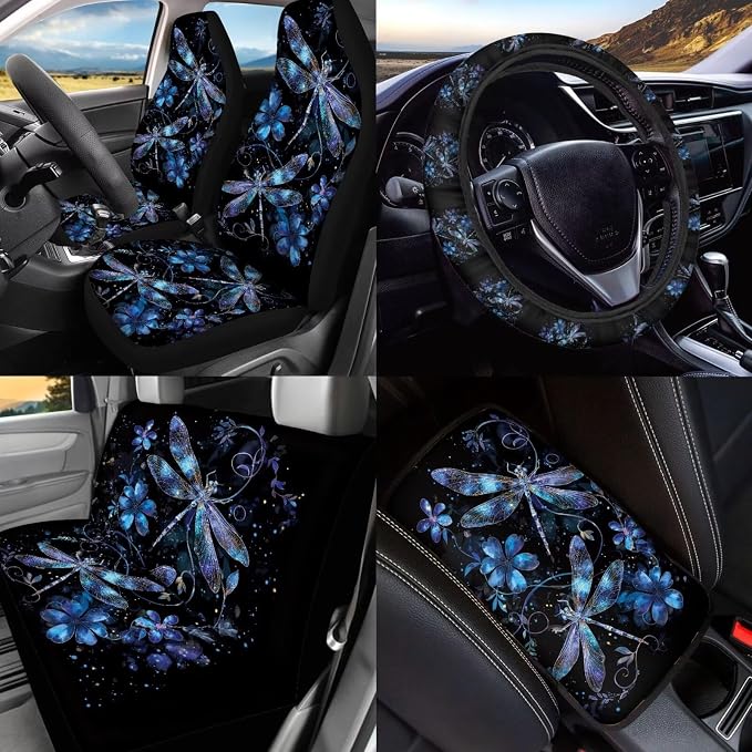 BIGCARJOB 15 Pack Purple Dragonfly Car Seat Cover Full Set Auto Seat Headrest Cover Universal Steering Wheel Cover Car Trash Can Hanging Automotive Interior Sets for Women Gifts