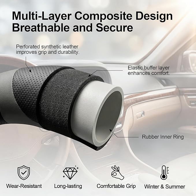 West Llama Customized Auto Car Steering Wheel Cover for Toyota Camry 2006-2026, Microfiber Leather, Anti-Slip, 14.5-15inch, Black + Grey