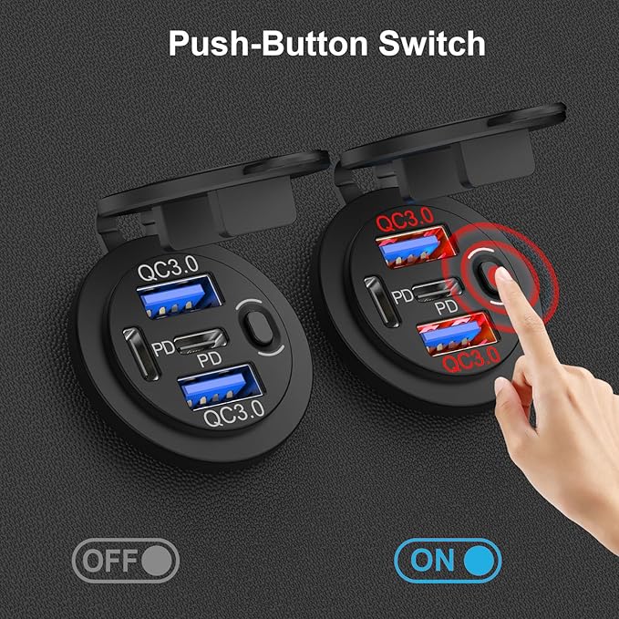 Red 12V USB Outlet Dual PD 30W USB C Port and Dual USB Quick Charge 3.0 Port with Power Switch, 78W Multiport Car Charger Socket Waterproof DIY Accessories for Car Boat Marine Motorcycle RV ATV