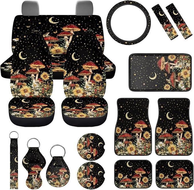 Mushrooms Car Seat Covers Full Set 17 Pack for Women Star Moon Mushrooms Car Accessories Set with Car Mats Full Set Steering Wheel Auto Covers Seat Belt Cover Pad Lip Balm Keychain Holder