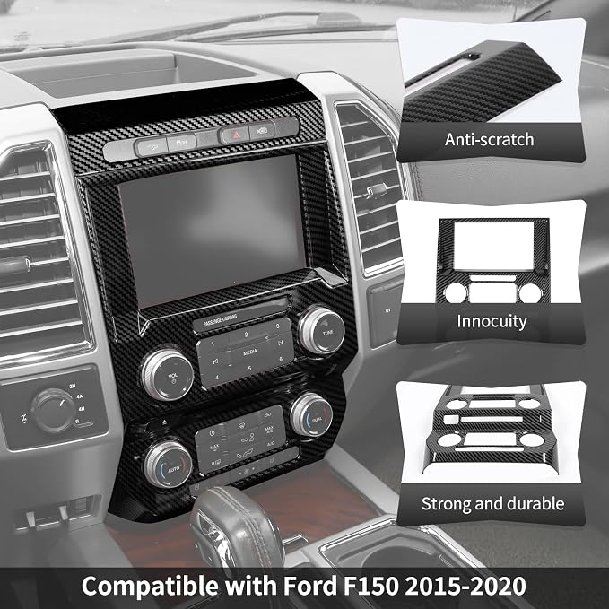 CheroCar Black Carbon Fiber Central Control Navigation & Emergency Light Control Panel Trim Cover Kit Fit for Ford F150 2015-2020 Hazard Light Switch & GPS Screen Surround Decorative Bezels