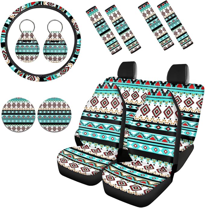 Howilath Universal Fit Aztec African Tribal Car Seat Cushion Cover Interior Protector 13 Piece with Auto Steering Wheel Pads, Seat Belt Cushion, Keychains, Cup Mat, Easy to Install